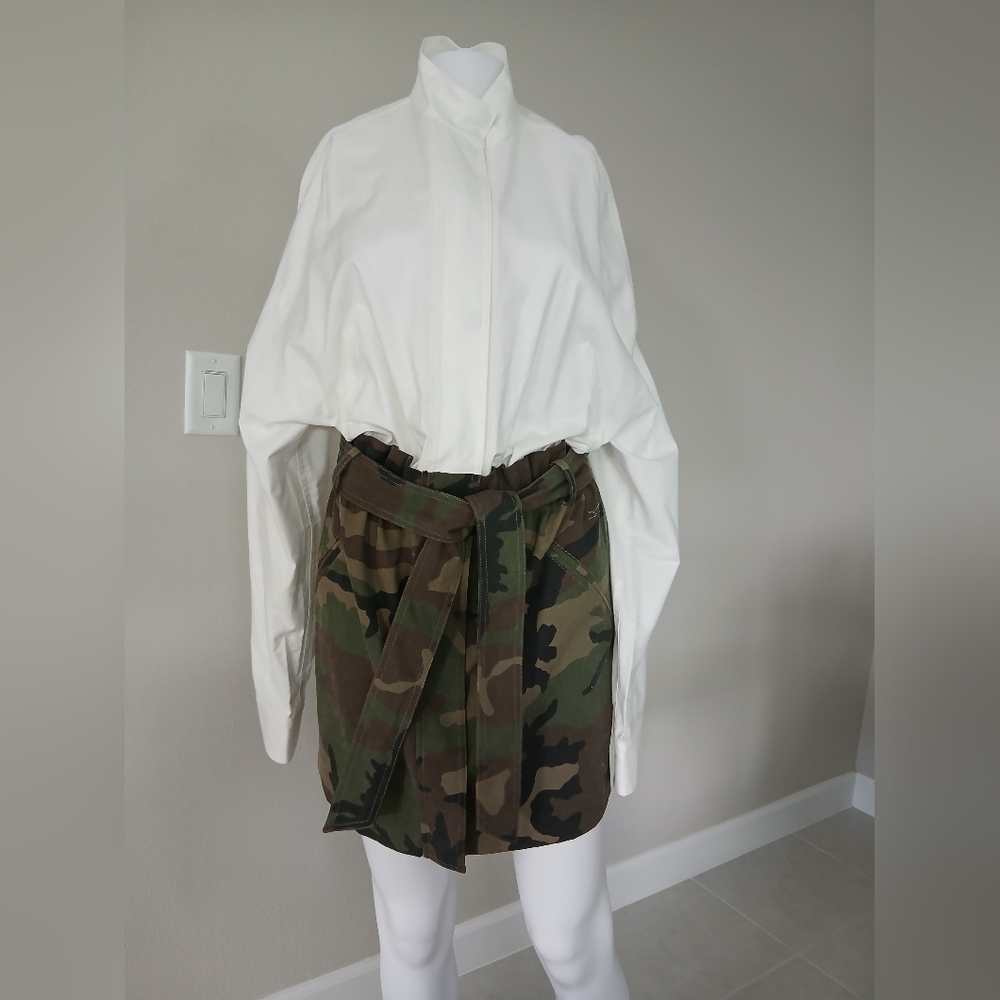 White Blouse with Camouflage Skirt